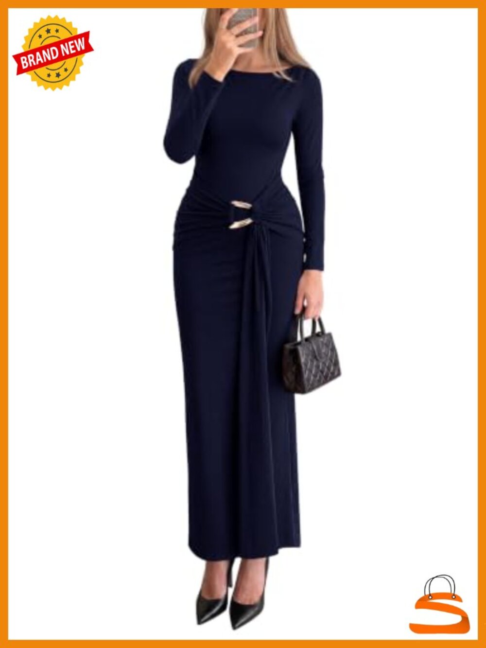 Long Sleeve Wedding Guest Maxi Dress, Crew Neck, Bodycon with Back Slit